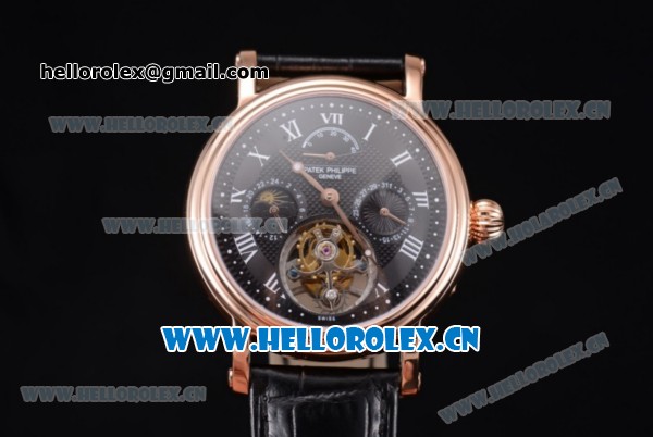 Patek Philippe Grand Complication Swiss Tourbillon Automatic Rose Gold Case with Black Dial Black Leather Strap and Roman Numeral Markers - Click Image to Close